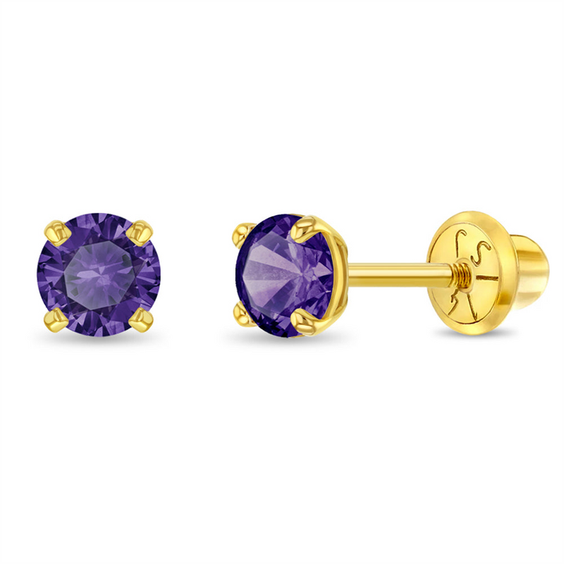 14K Yellow Gold 4 Prong February Birthstone Purple CZ Earrings For Children
