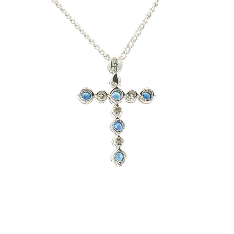 Vibrant 14K White Gold 0.508 Carats Blue Sapphire & 0.208 Carats Diamond Cross Pendant