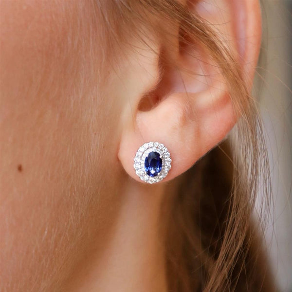 Vibrant Color Stone 18K White  Gold 1.24 Carats Sapphire & Double Halo 0.55 Carats Diamond Stud Earrings
