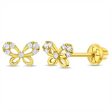 14k Yellow Gold Jeweled Flutering Butterfly Girls Earrings