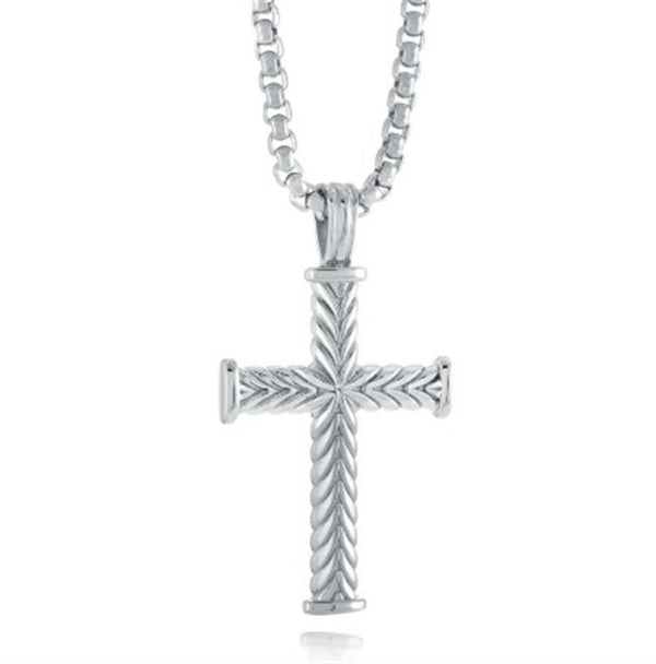 Stainless Steel Box Link Necklace With Stainless Steel Wave Cross Drop - 22 Inch