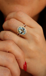 Bold & Elegant 14K Gold Yellow Halo Color Stone Fashion Ring - Oval Aquamarine 3.51 Carats & Round & Baguette Diamond 0.53 Carats