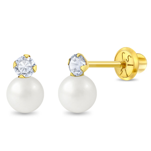14K Yellow Gold June Birthstone Pearl With CZ Drop Earrings For Children