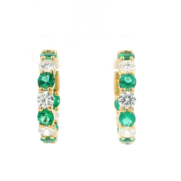 Vibrant Color Stone 18K Gold Yellow 1.93 Carats Emerald & 1.62 Carats Diamond Medium Inside Out Hoop Earrings