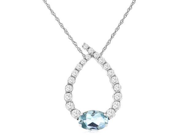 White 14 Karat Gold 0.42 Carats Aquamarine & 0.33 Carats Diamond Drop Necklace