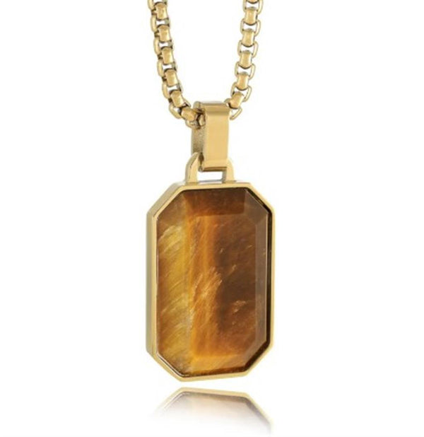 Yellow Gold Ion Plated Stainless Steel Box Link Chain & Tiger's Eye Dog Tag