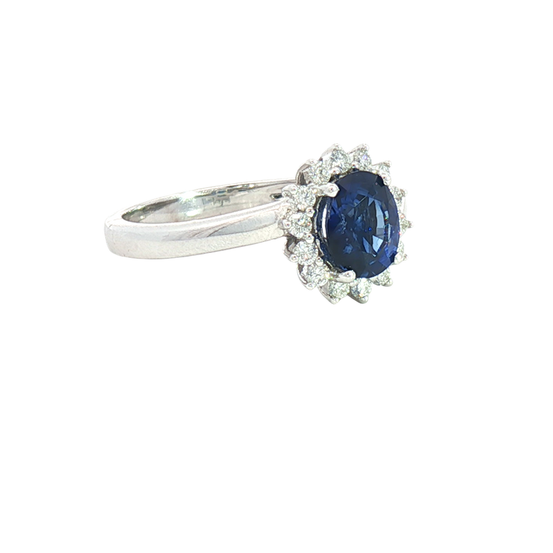 Bold & Elegant 14K White Gold Oval Cut 1.16 Carats Blue Sapphire & 0.23 Carats Diamond Halo Ring