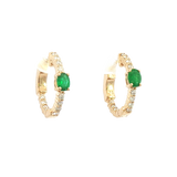 Vibrant Color Stone 14K Yellow Gold 0.36 Carats Oval Emerald & 0.25 Carats Diamond Small Hoop Earrings