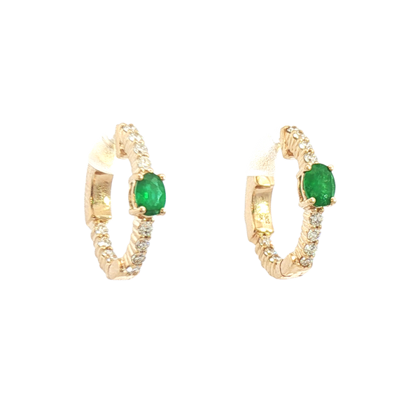 Vibrant Color Stone 14K Yellow Gold 0.36 Carats Oval Emerald & 0.25 Carats Diamond Small Hoop Earrings