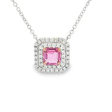 Vibrant Colored Stone Necklaces 18K White & Rosé Gold Square Step Cut 1.09 Carats Pink Sapphire & 0.31 Carats Diamond Double Halo Necklace - 18 Inch