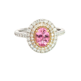 Bold & Elegant 18K White & Yellow Gold Oval Cut 1.08 Carats Padparadscha Pink Sapphire & 0.64 Carats Diamond Halo Ring