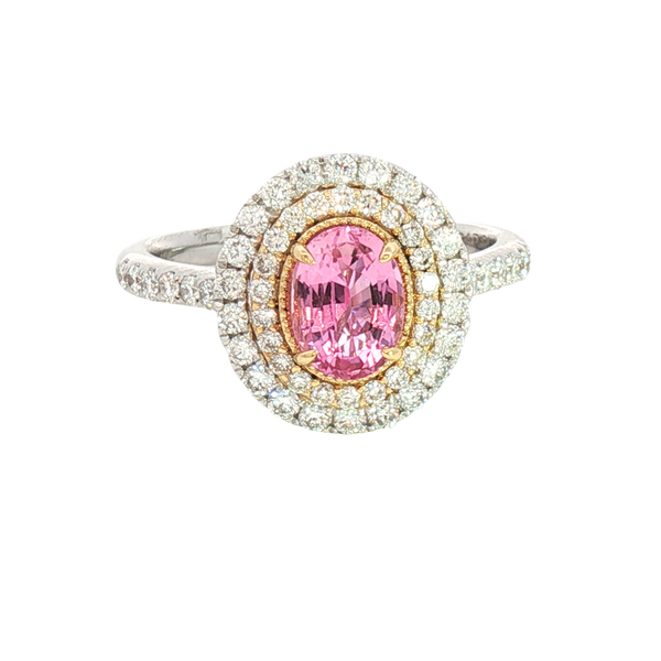 Bold & Elegant 18K White & Yellow Gold Oval Cut 1.08 Carats Padparadscha Pink Sapphire & 0.64 Carats Diamond Halo Ring