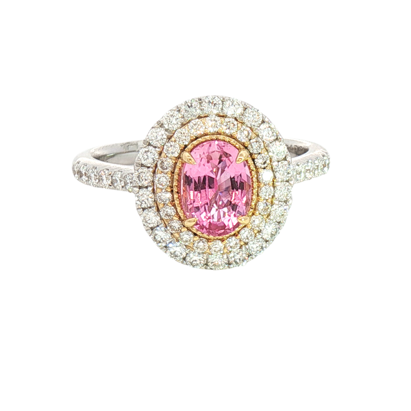 Bold & Elegant 18K White & Yellow Gold Oval Cut 1.08 Carats Padparadscha Pink Sapphire & 0.64 Carats Diamond Halo Ring