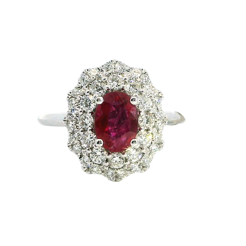 Bold & Elegant 18K White Gold Oval Cut 1.0 Carat Ruby & 0.66 Carats Diamond Double Halo Ring