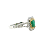 Elegant & Trendy 18K White & Yellow Gold 0.51 Carat Emerald & 0.43 Carat Yellow & White Diamond Double Halo Ring