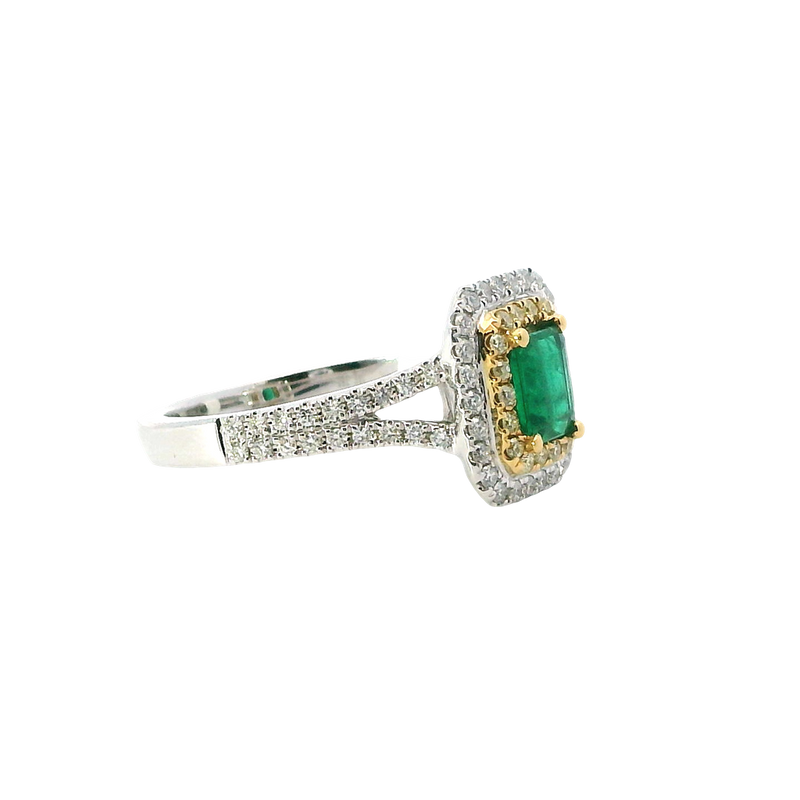 Elegant & Trendy 18K White & Yellow Gold 0.51 Carat Emerald & 0.43 Carat Yellow & White Diamond Double Halo Ring