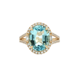Bold & Elegant 14K Gold Yellow Halo Color Stone Fashion Ring - Oval Aquamarine 3.51 Carats & Round & Baguette Diamond 0.53 Carats