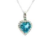 Vibrant Colored Stone Necklaces 14K White Gold Heart Shaped 1.55 Carats Blue Aquamarine & 0.14 Carats Diamond Halo Necklace, 18 Inch