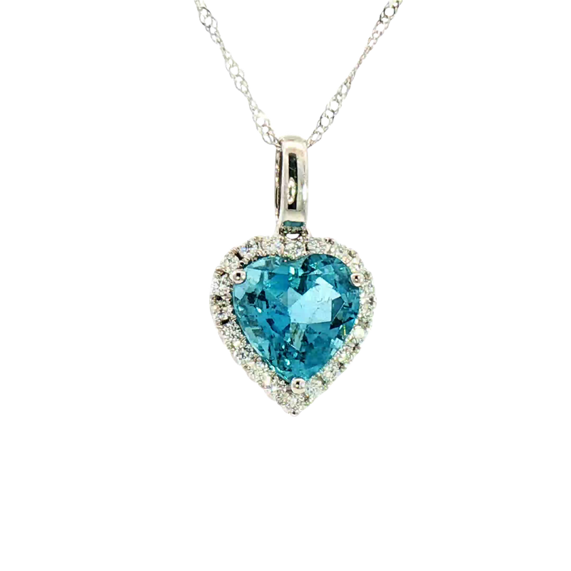 Vibrant Colored Stone Necklaces 14K White Gold Heart Shaped 1.55 Carats Blue Aquamarine & 0.14 Carats Diamond Halo Necklace, 18 Inch