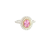 Bold & Elegant 18K White & Yellow Gold Oval Cut 1.08 Carats Padparadscha Pink Sapphire & 0.64 Carats Diamond Halo Ring