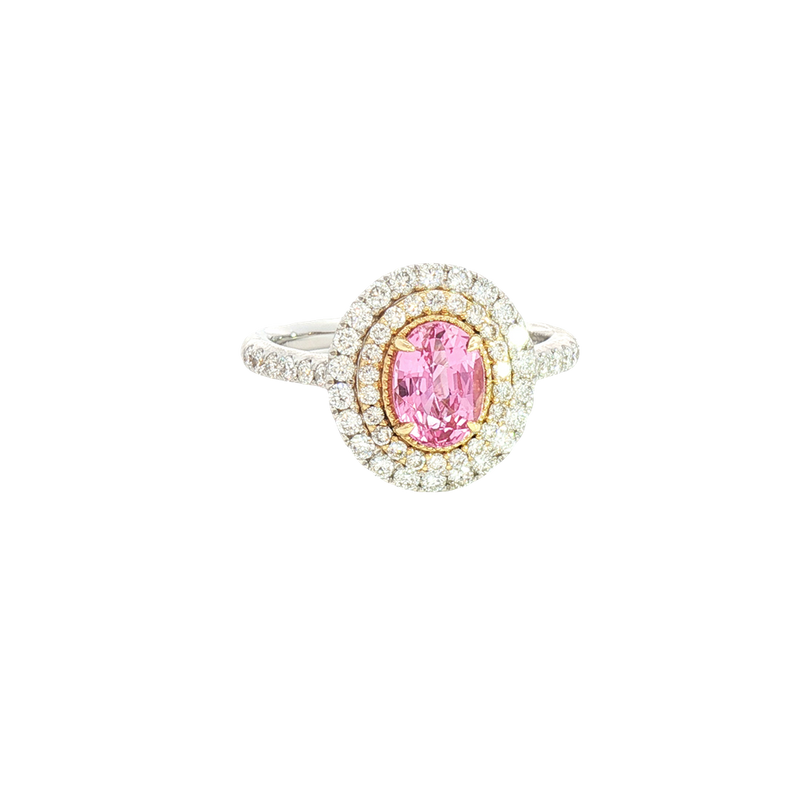 Bold & Elegant 18K White & Yellow Gold Oval Cut 1.08 Carats Padparadscha Pink Sapphire & 0.64 Carats Diamond Halo Ring