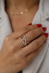 Elegant & Trendy 14K Yellow Gold 0.62 Carats Diamond Open Multi Layered Criss Cross Ring