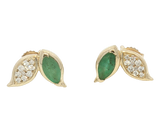 Vibrant Color Stone 14K Yellow Gold Marquise Shaped 0.60 Carats Emeralds & 0.11 Carats Diamond Cluster Stud Earrings
