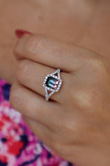 Bold & Elegant 14K Gold White Halo Color Stone Fashion Rings - Emerald Cut Watermelon Tourmaline 1.44 Carats & Diamond 0.43 Carats