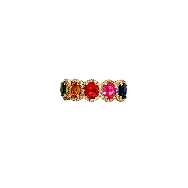 Bold & Elegant 14K Yellow Gold Oval Cut 2.78 Carats Mulit Colored Sapphires &  0.34 Carats Diamond Halo Ring
