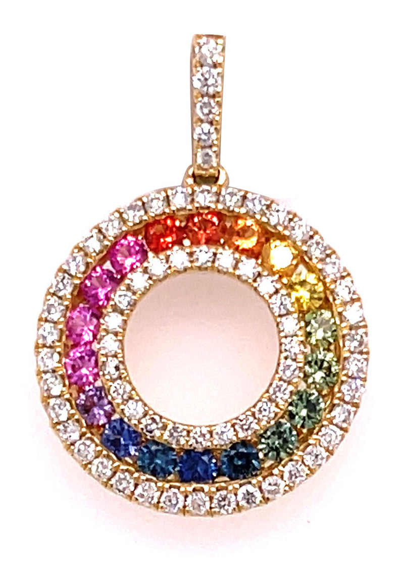 Yellow 18 Karat Gold 0.61 Carats Rainbow Sapphire & 0.37 Carats Diamond Circle Pendant