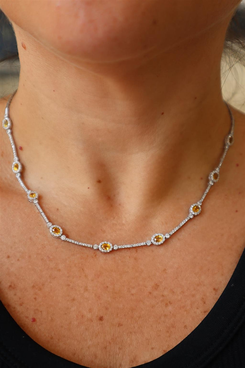 Vibrant Colored Stone Necklaces 3.00 Carats Yellow Sapphire & 1.55 Carats Diamond Station Necklace, 16 Inch