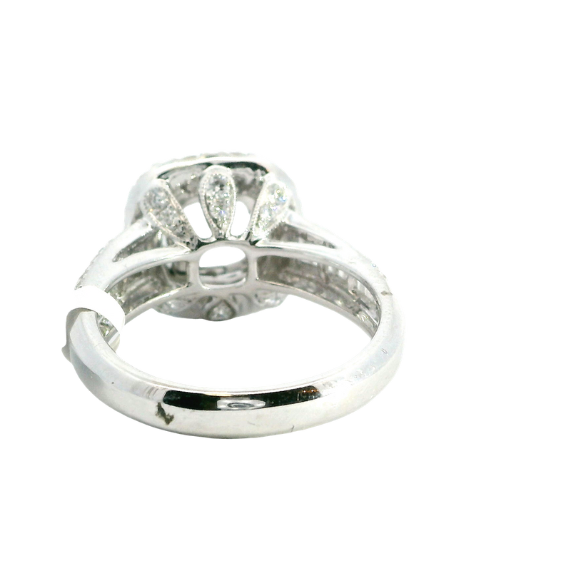 Elegant Diamond Mountings 18K White Gold 6.9mm Square Diamond Halo Semi Mount Ring - 1.52 Carats Baguette & Round Diamond