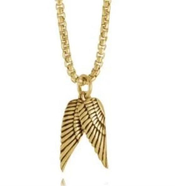 Yellow Gold Ion Plated Stainless Steel Box Chain  Necklace with Double Angel Wings Pendant - 22 Inch