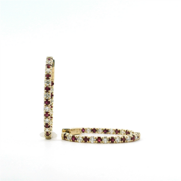 Vibrant Color Stone 14K Gold Yellow 1.08 Carats Ruby & 0.97 Carats Diamond Medium Hoop Earrings