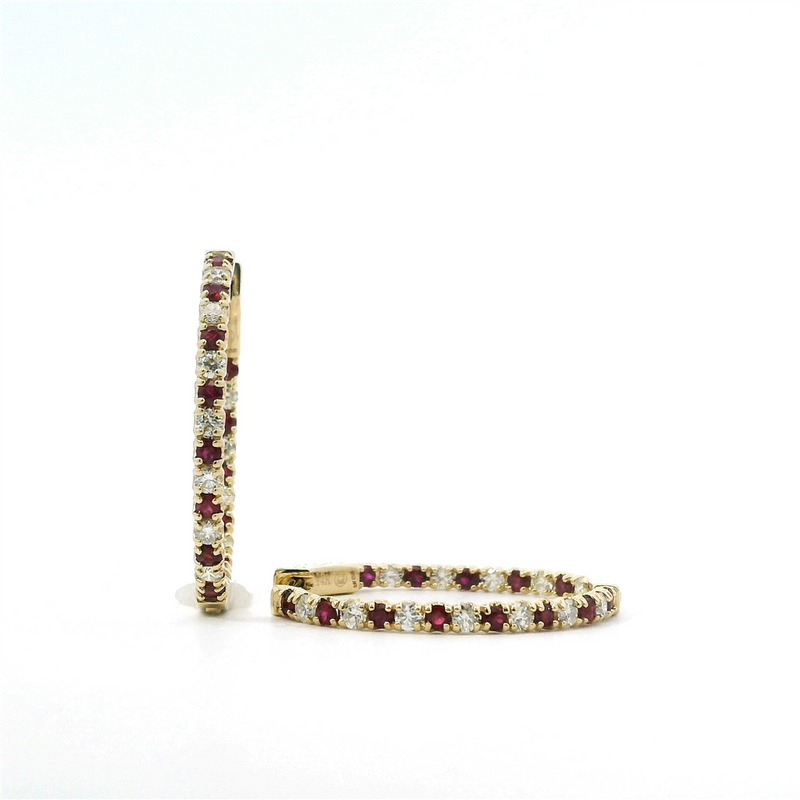 Vibrant Color Stone 14K Gold Yellow 1.08 Carats Ruby & 0.97 Carats Diamond Medium Hoop Earrings
