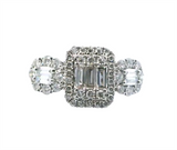 18K White Gold Diamond Fashion Ring, 3-Stone Style with Baguette and Round Diamond Halo, 0.96ct Total Diamond Weight