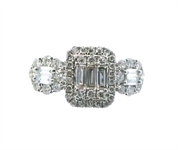 18K White Gold Diamond Fashion Ring, 3-Stone Style with Baguette and Round Diamond Halo, 0.96ct Total Diamond Weight