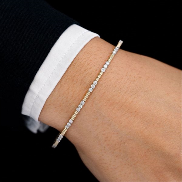 Sophisticated & Timeless Diamond Bracelets 14K Gold & Titanium Yellow Ribbed & Diamond Flexible Bangle Bracelet - 0.46 CTW, Size 6.75 Inch