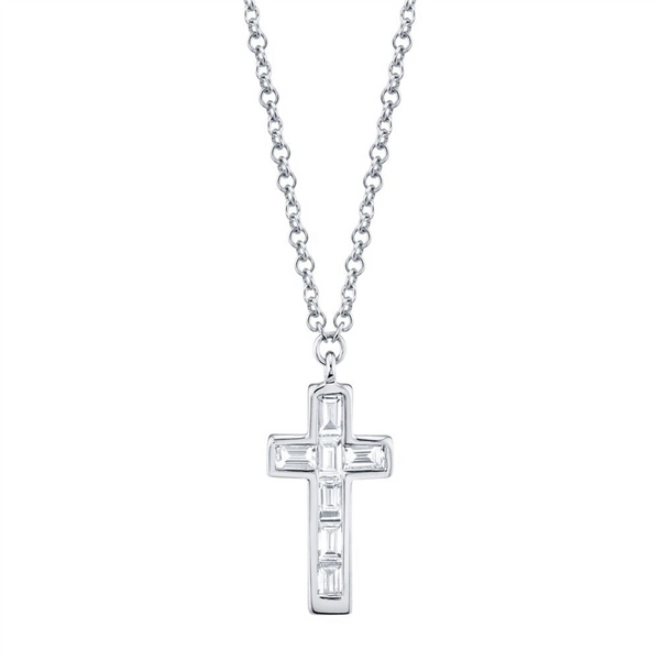 14K Gold White 0.17 Carats Diamond Cross Pendant Necklace - 18 Inch
