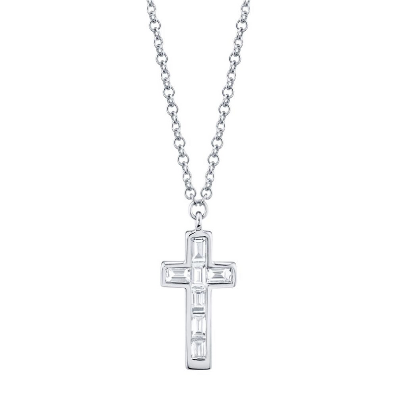 14K Gold White 0.17 Carats Diamond Cross Pendant Necklace - 18 Inch