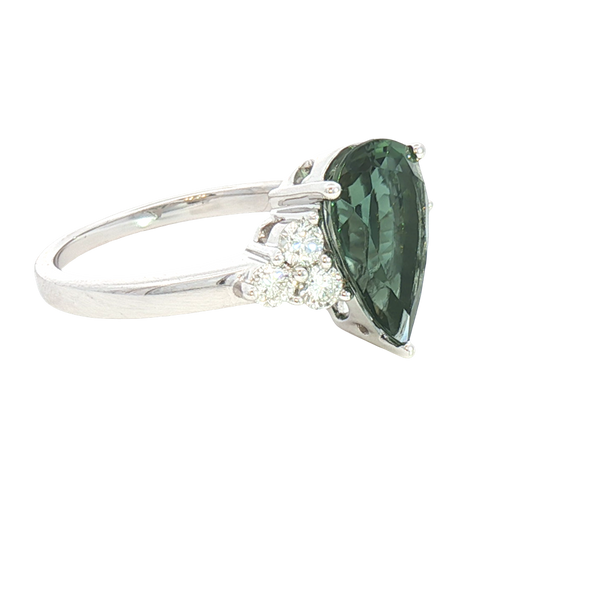 Bold & Elegant 18K White Gold Pear Cut 2.61 Carats Green Tourmaline & 0.39 Carats Diamond Ring
