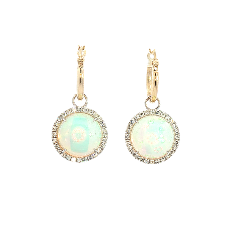 Vibrant Color Stone 14K Yellow & White Gold 4.92 Carats Opals & 0.34 Carats Diamond Halo Dangle Earrings