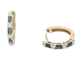 Vibrant Color Stone 14K Yellow Gold Baguette Cut 0.37 Carats Blue Sapphire & Round Cut 0.20 Carats Diamond Small Hoop Earrings