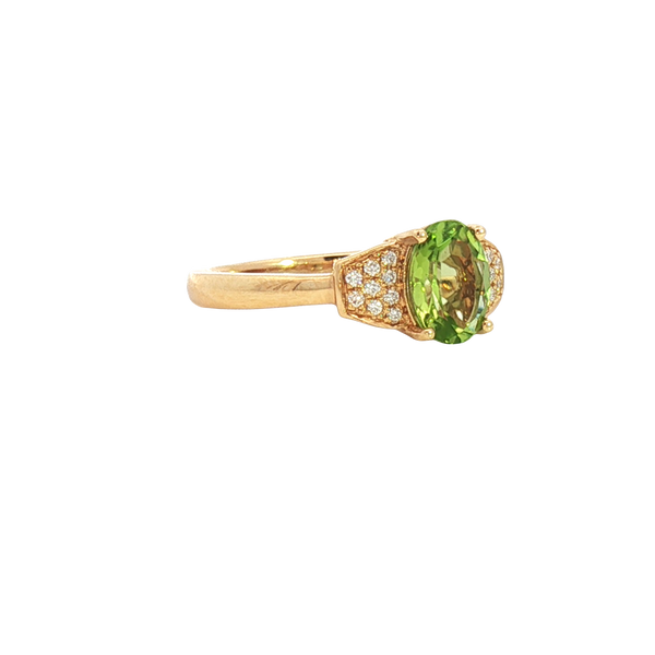 Bold & Elegant 18K Yellow Gold Oval Cut 1.19 Carats Yellowish Green Peridot & 0.07 Carats Diamond Ring