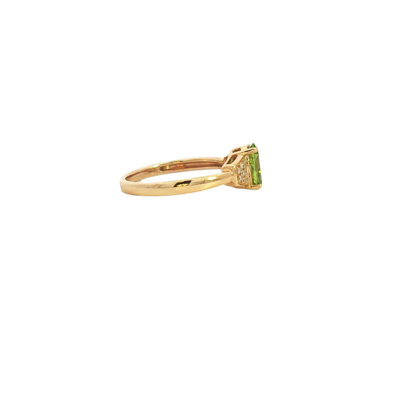 Bold & Elegant 18K Yellow Gold Oval Cut 1.19 Carats Yellowish Green Peridot & 0.07 Carats Diamond Ring