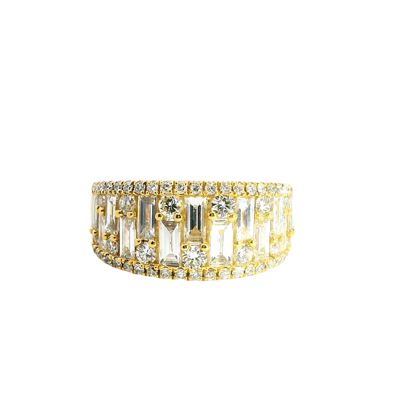 Elegant & Trendy 18K Yellow Gold Round & Baguette 1.98 Carats Diamond Ring
