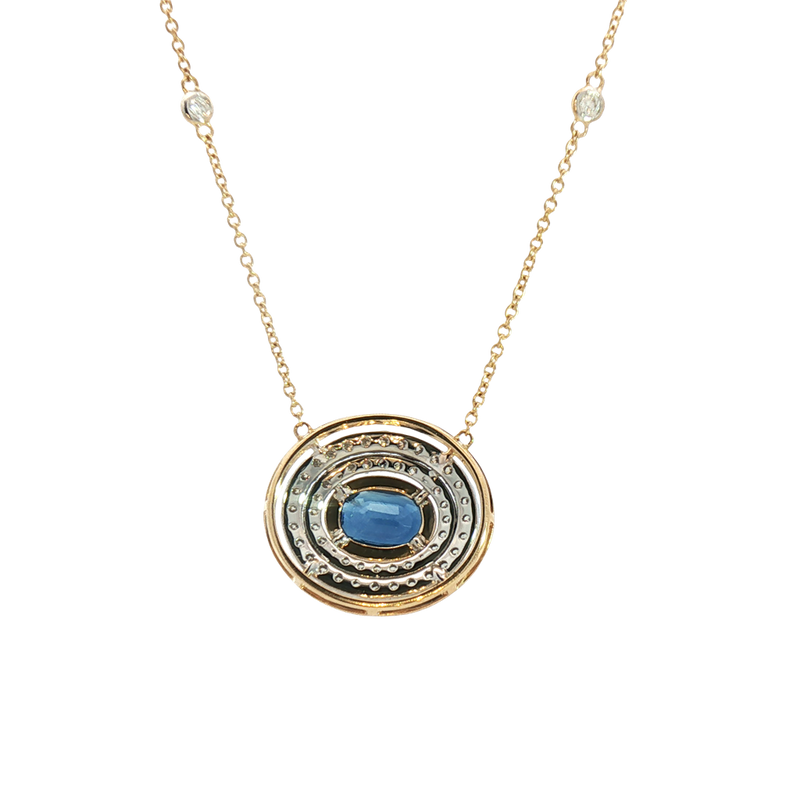 Vibrant Colored Stone Necklaces 14K Gold Yellow & White 1.26 Carats Sapphire & 0.44 Carats Diamond Necklace, 18 Inch