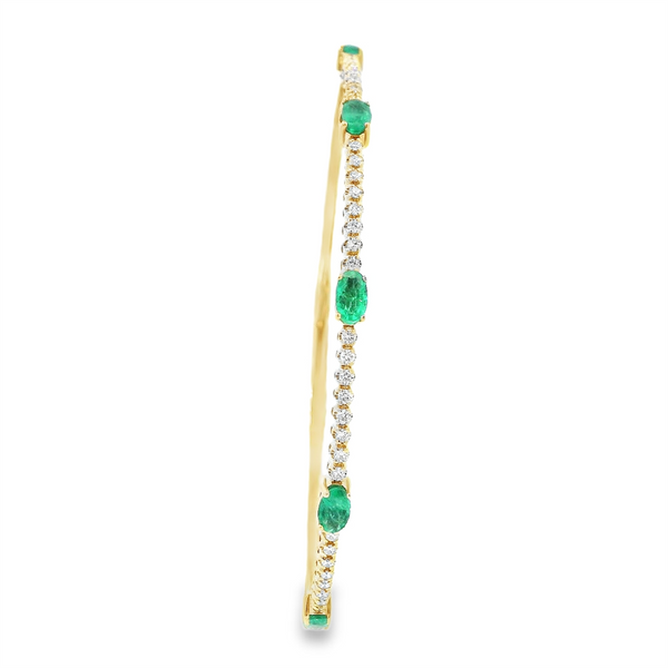 Elegant & Eye Catching 14K Gold Yellow & Titanium 1.03 Carats Oval Emerald & 0.32 Carats Round Diamond Flexible Bangle Bracelet, Length 6.75 Inch