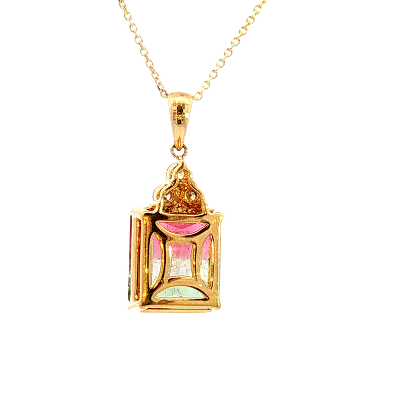 Vibrant Colored Stone Necklaces 18K Yellow Gold Emerald Cut 5.62 Carats WatermelonTourmaline & 0.18 Carats Diamond Necklace, 18 Inch