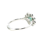 Bold & Elegant 18K White Gold Oval Cut 0.43 Carat Emerald & 0.17 Carat Diamond Floral Vintage Inspired Halo Ring